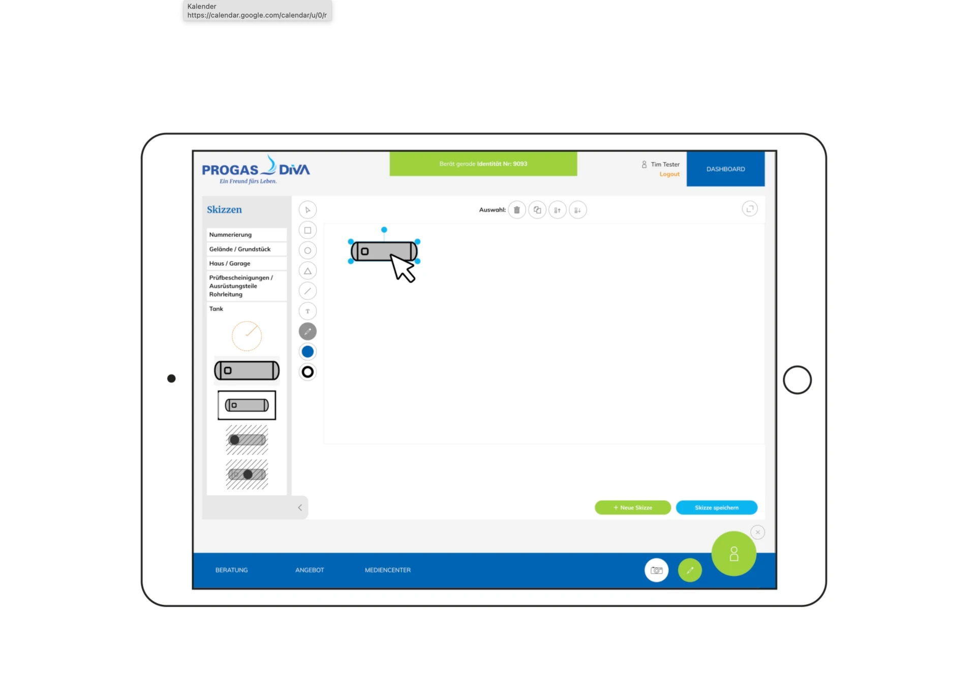 PROGAS DiVA Software Vertriebshilfe Skizze: Gastank Drag-and-Drop und vergrößern