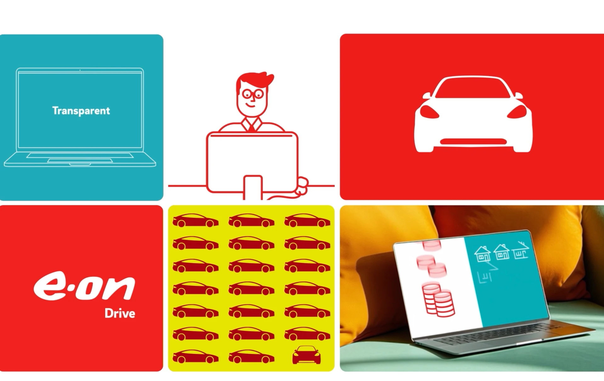 E.ON Drive Electricfleet Erklärfilm Collage aus sechs Kacheln: animierte Icons, e.on drive Logo und ein Mockup