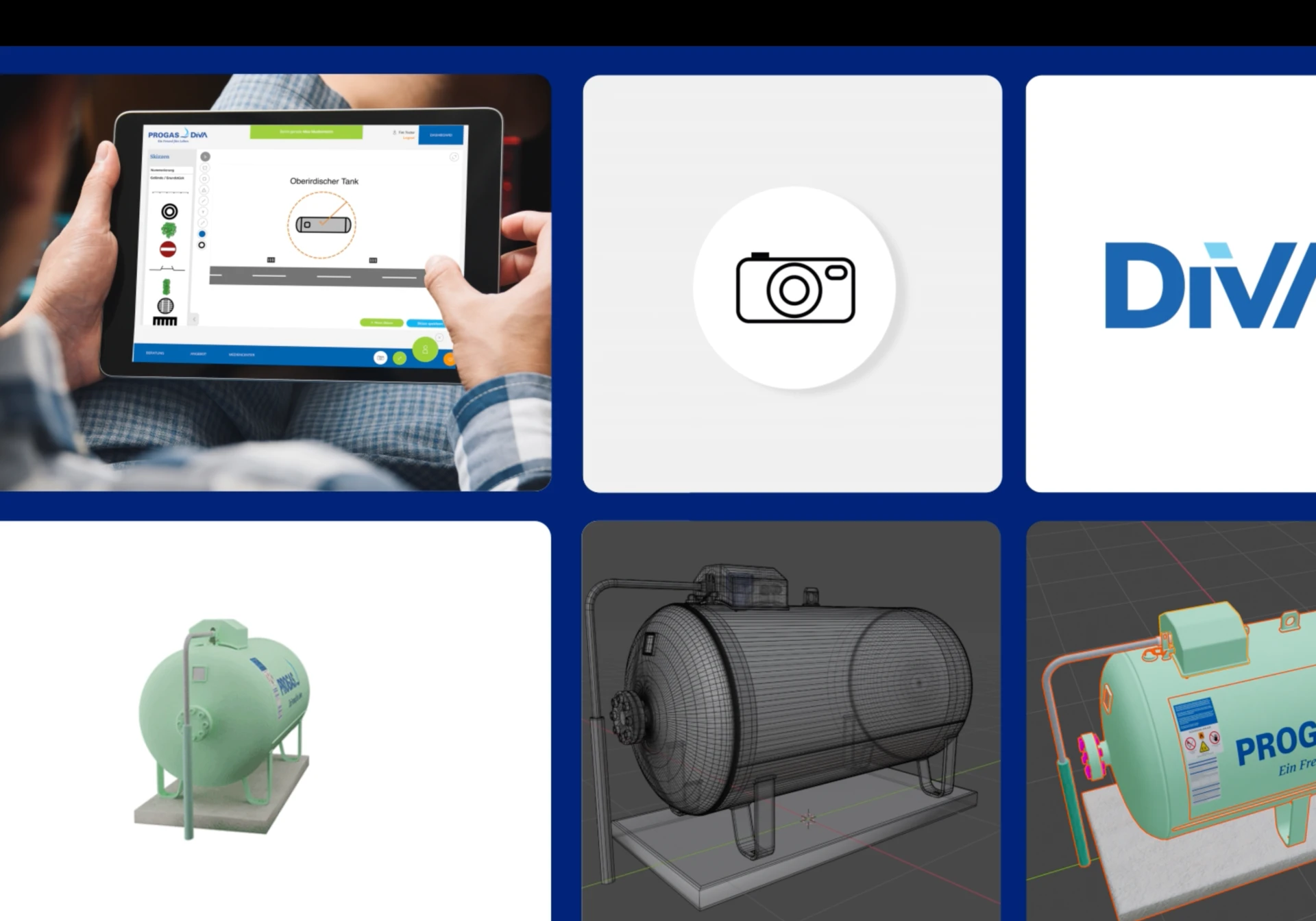 PROGAS DiVA Software Vertriebshilfe Layout Raster Grid aus sechs Kacheln: 3D Gastank, Icons, Anwendung auf Tablet