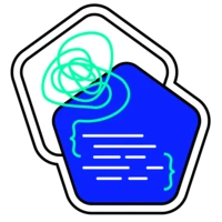 Sticker "Von der Skizze zum Code", zwei sich überlappende Pentagone mit sich in geschweifte Klammer verwandelndes Gekritzel